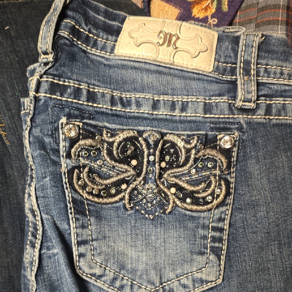 Miss Me Blue Jeans with Distressed Details and Embroidery